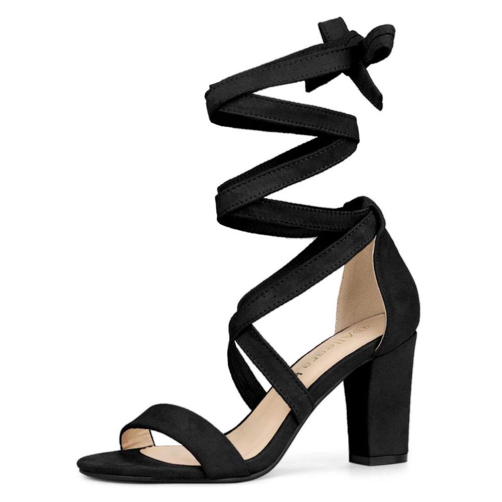 Allegra K Women's Lace Up Block Heels Black Sandals, 9.5, SL1-189S004